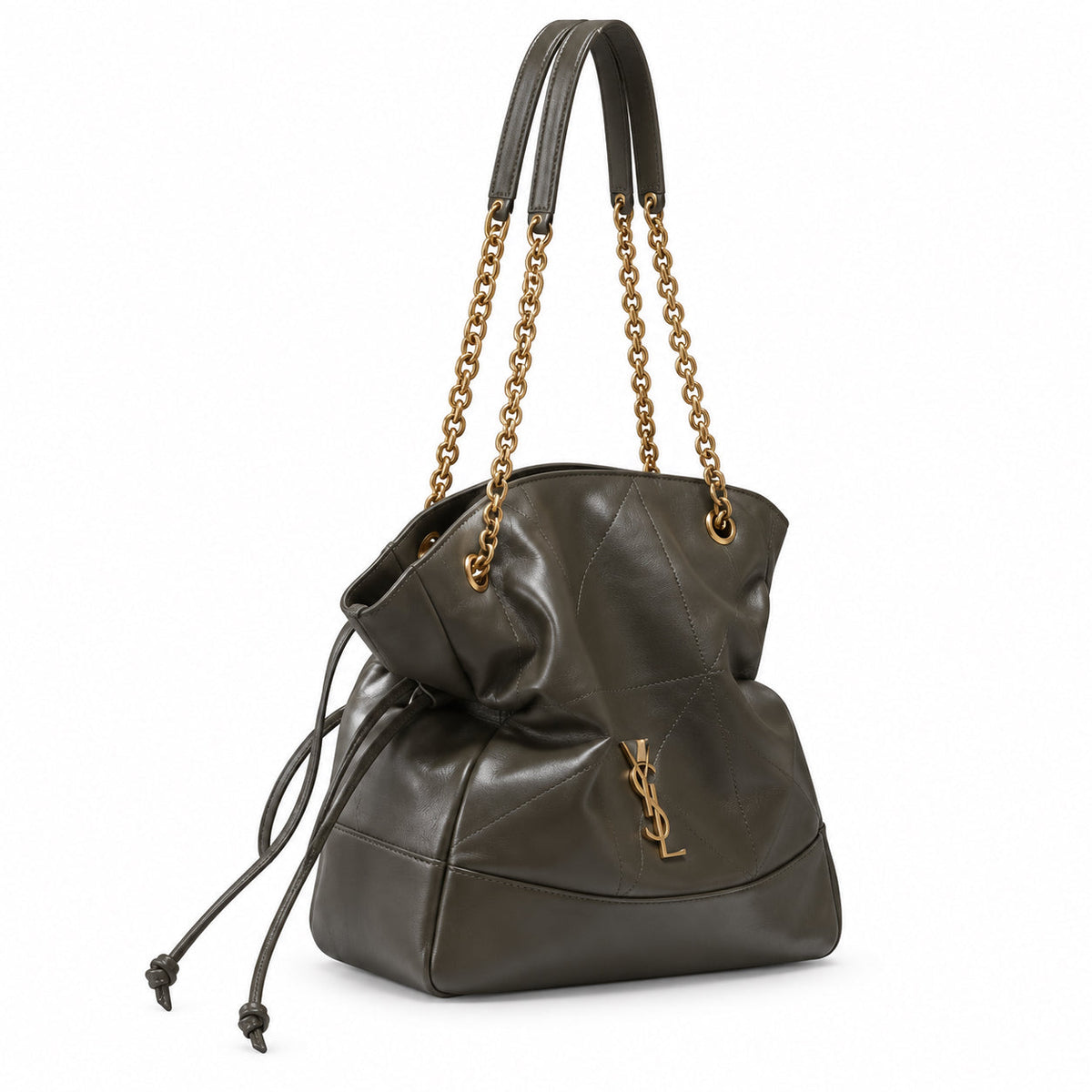 YSL Saint Laurent Bougeoir Drawstring Tote Khaki Quilted Leather Gold YSL Monogram Double Chain Straps Leather Handles