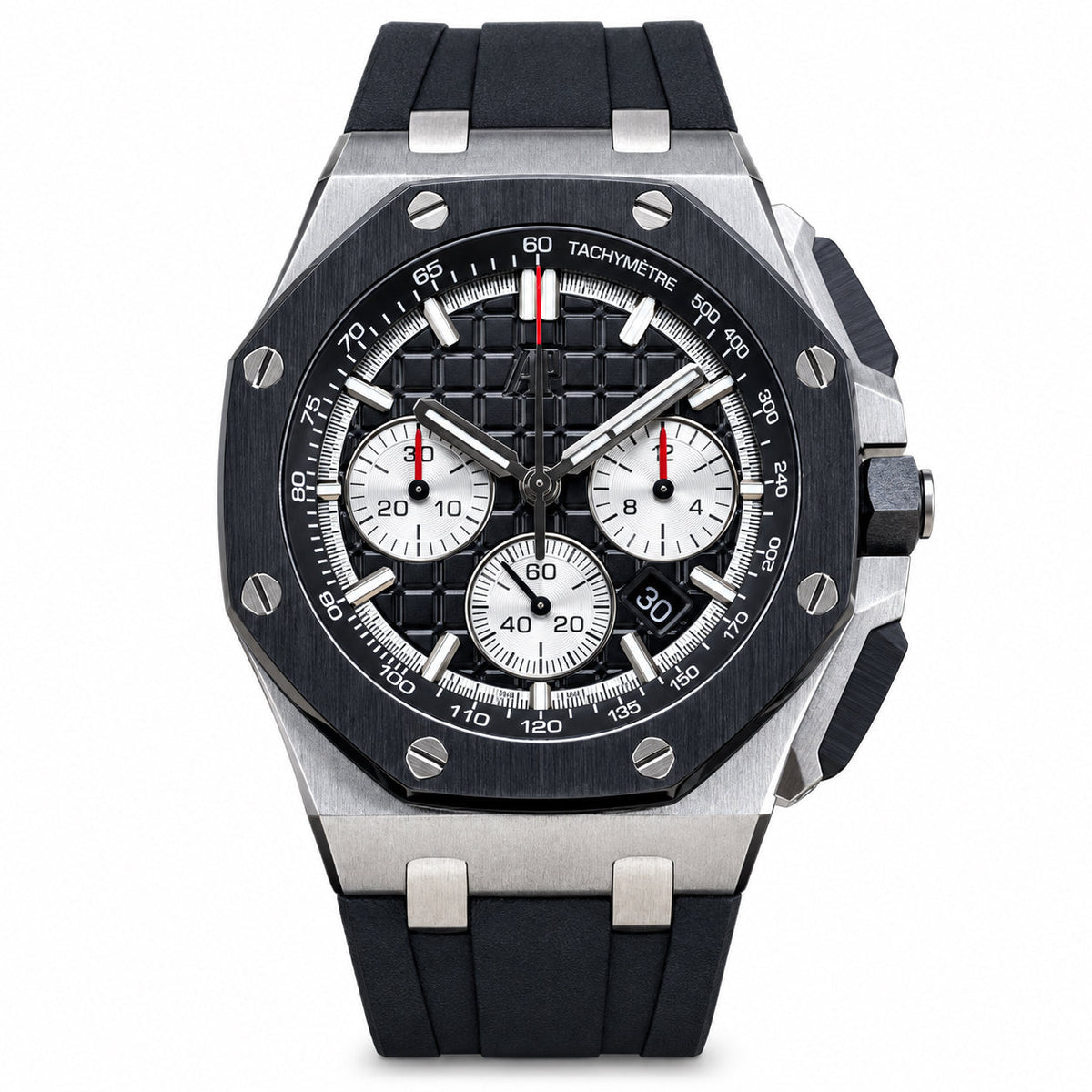 Audemars Piguet Royal Oak Offshore Chronograph Black Ceramic Bezel Black Grande Tapisserie Dial White Sub-dials Red Seconds Black Rubber Strap