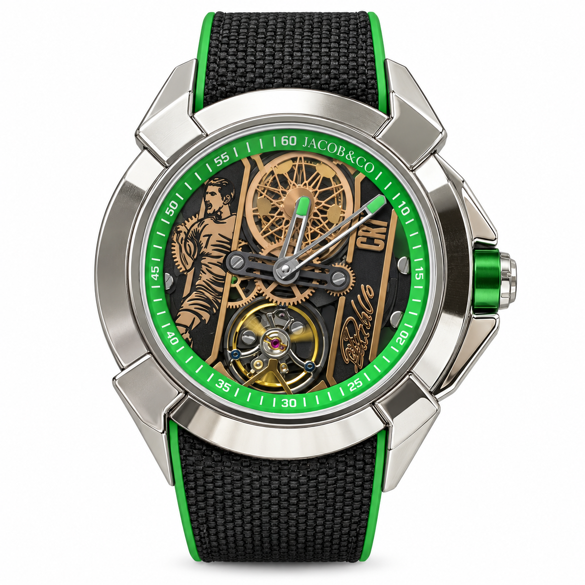 Jacob & Co. x CR7 Cristiano Ronaldo Epic X Titanium Flying Tourbillon Rose Gold CR7 Silhouette Green Chapter Ring Black Fabric Green Edge Strap Watch