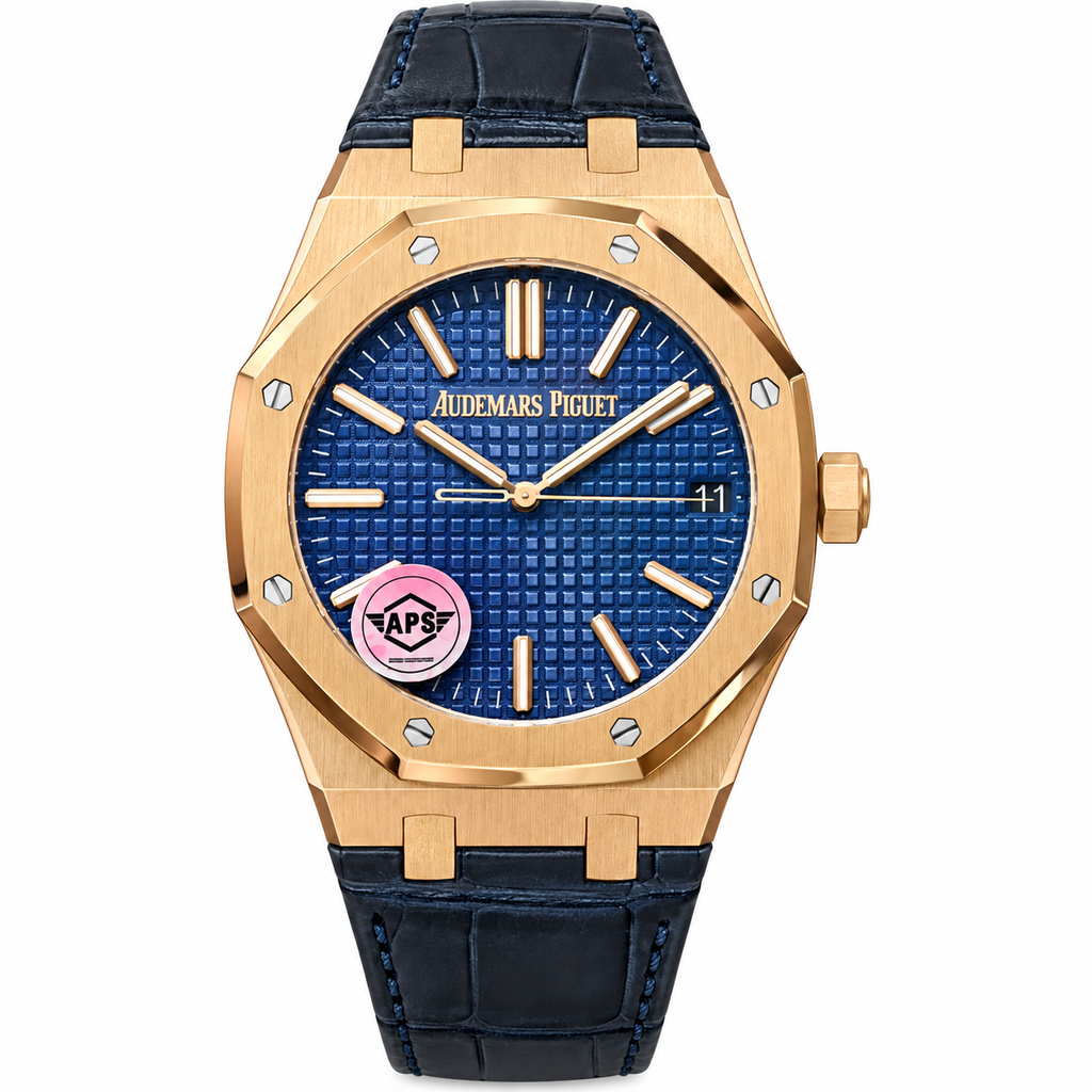Audemars Piguet Royal Oak Rose Gold Blue Dial Navy Leather Strap Automatic Watch