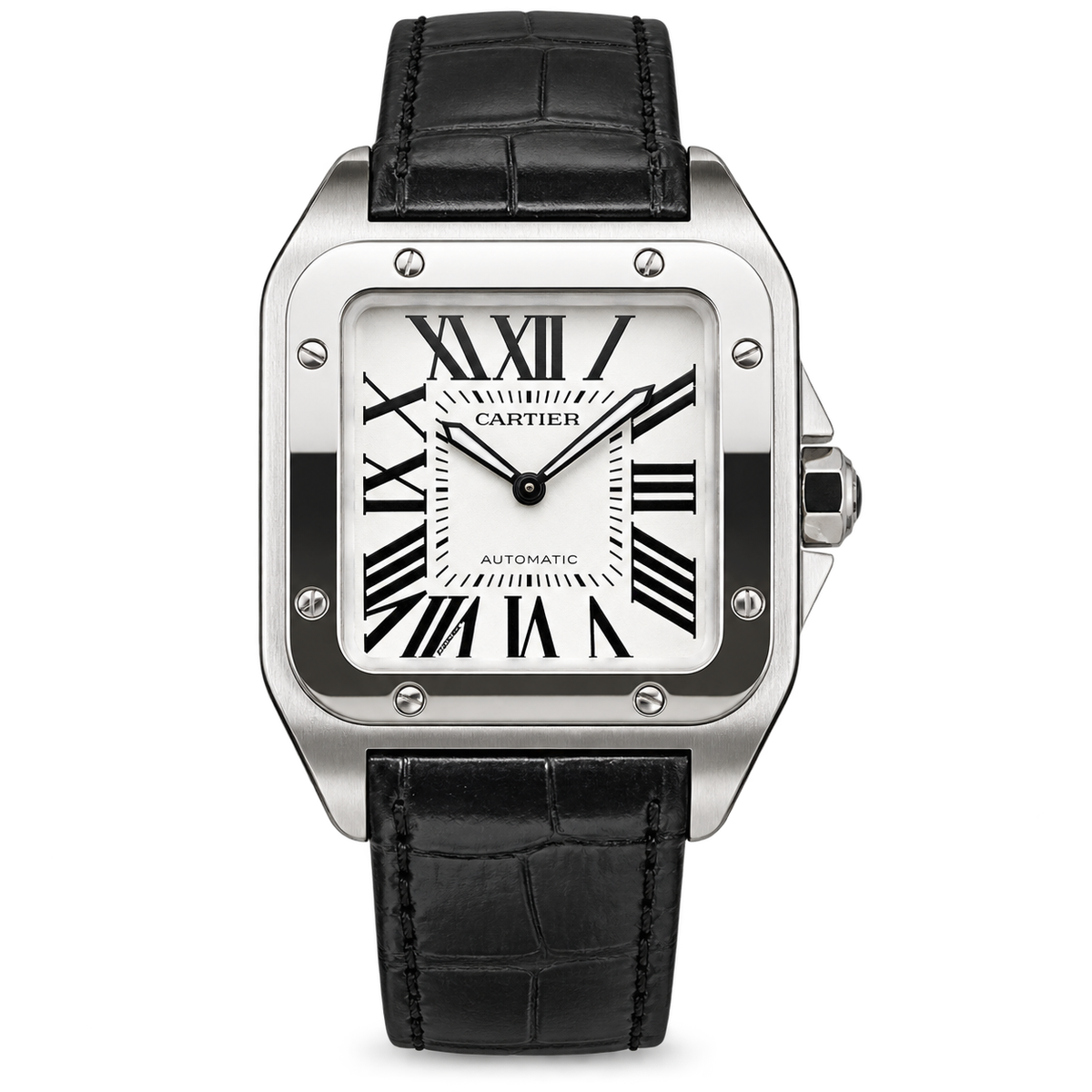 Cartier Santos 100 Large White Dial Black Alligator Leather Watch