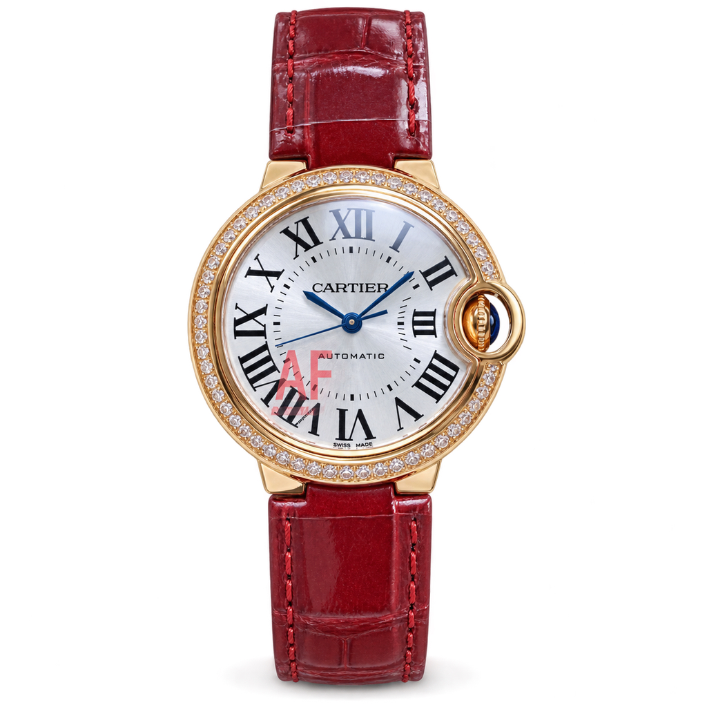 Cartier Ballon Bleu Rose Gold Diamond Bezel Red Leather Watch