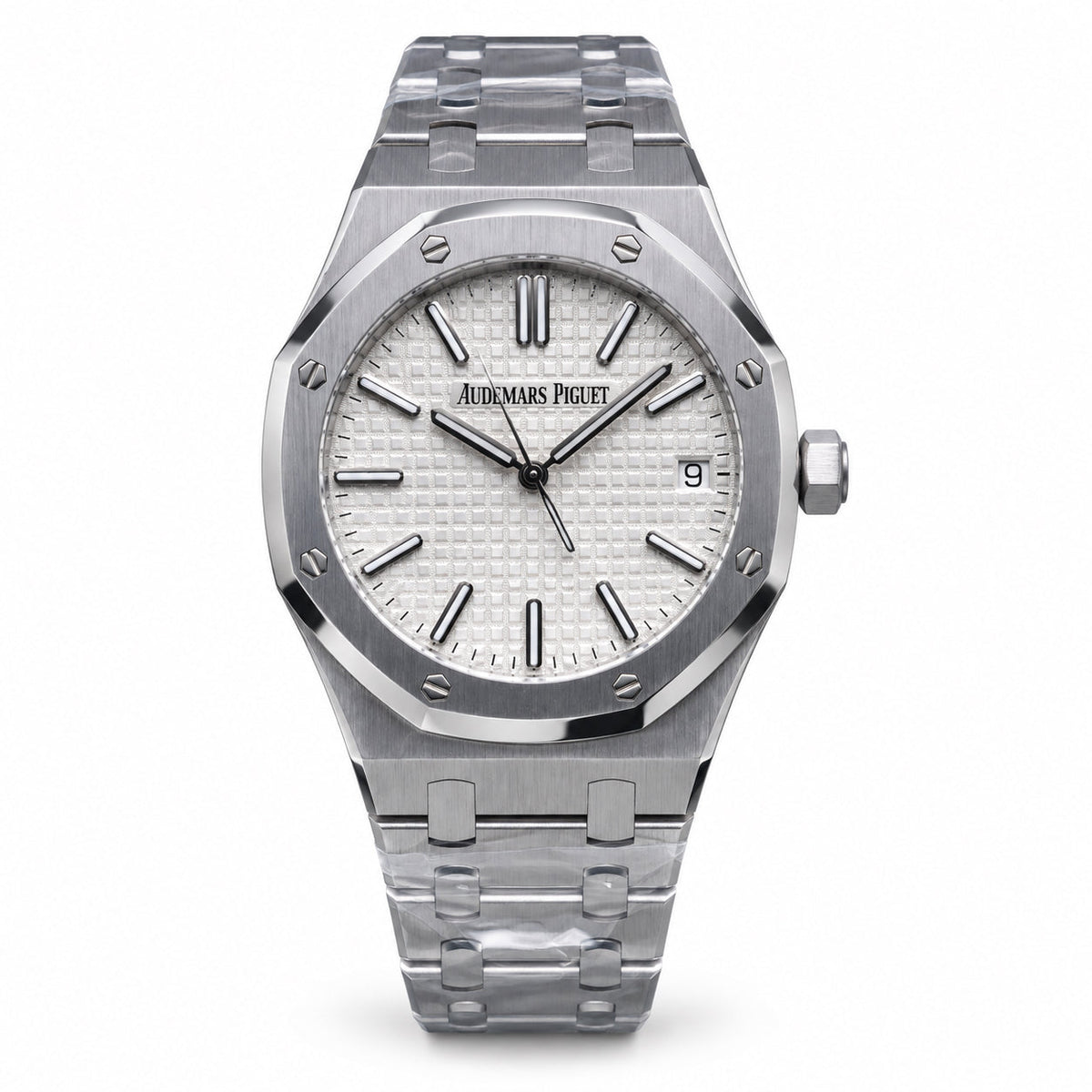 Audemars Piguet Royal Oak Selfwinding 41mm Stainless Steel White Petite Tapisserie Dial Black Indexes Luminescent Hands Date Integrated Bracelet New Generation
