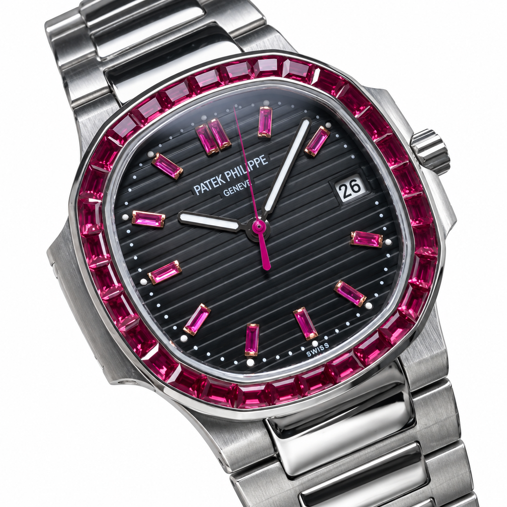 Patek Philippe Nautilus Pink Sapphire Baguette Steel Black Dial