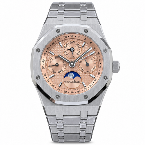 Audemars Piguet Royal Oak Perpetual Calendar Salmon Rose Dial Stainless Steel Moon Phase