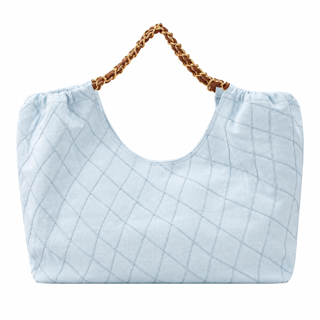 Chanel Large Gathered Hobo Tote Quilted Lambskin Ice Blue Tan CC 43cm