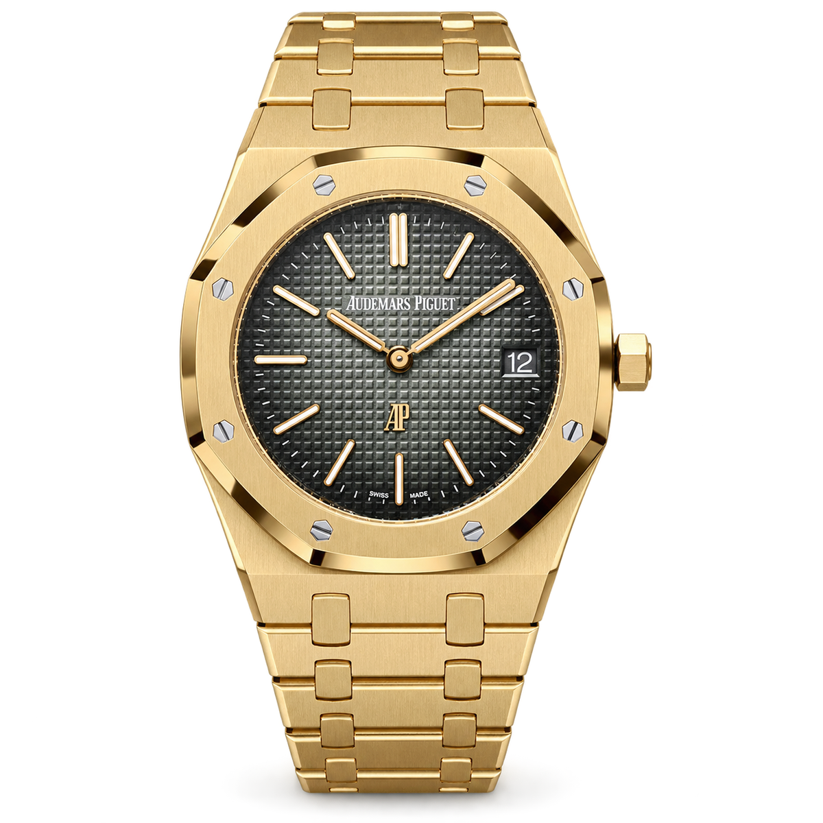 Audemars Piguet Royal Oak 41mm 18K Yellow Gold Grey Petite Tapisserie Dial Gold Indexes Hands AP Monogram Date White Hex Screws Integrated Bracelet Ref 15500BA