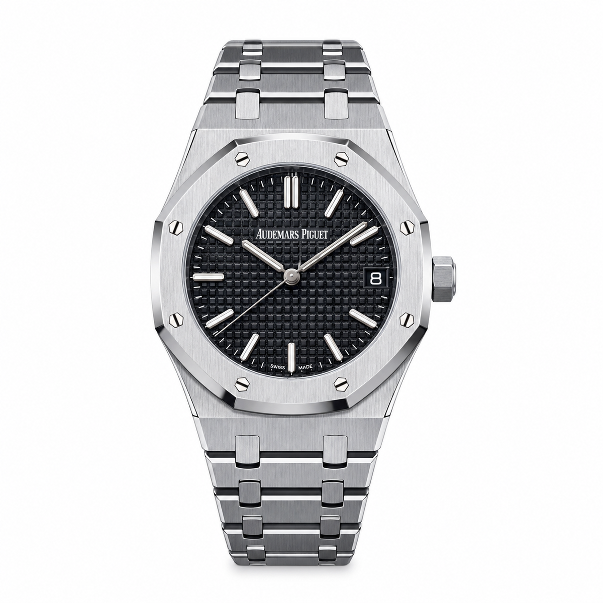Audemars Piguet Royal Oak Stainless Steel Black Tapisserie Petit-Carreaux Dial White Gold Markers Date Integrated Steel Bracelet Watch