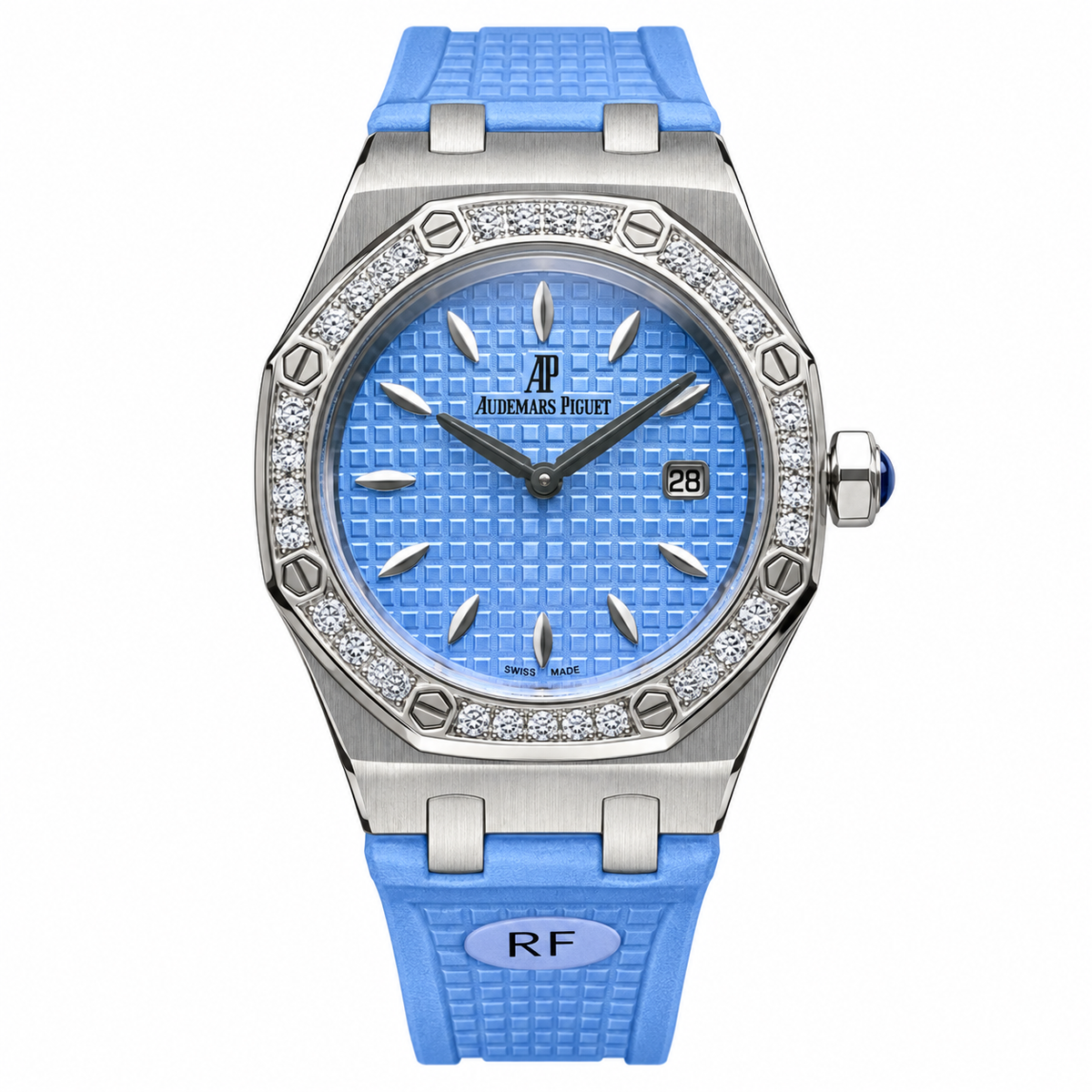 Audemars Piguet Royal Oak Ladies Diamond Bezel Sky Blue Petite Tapisserie Dial Blue Rubber Strap Roger Federer RF Edition