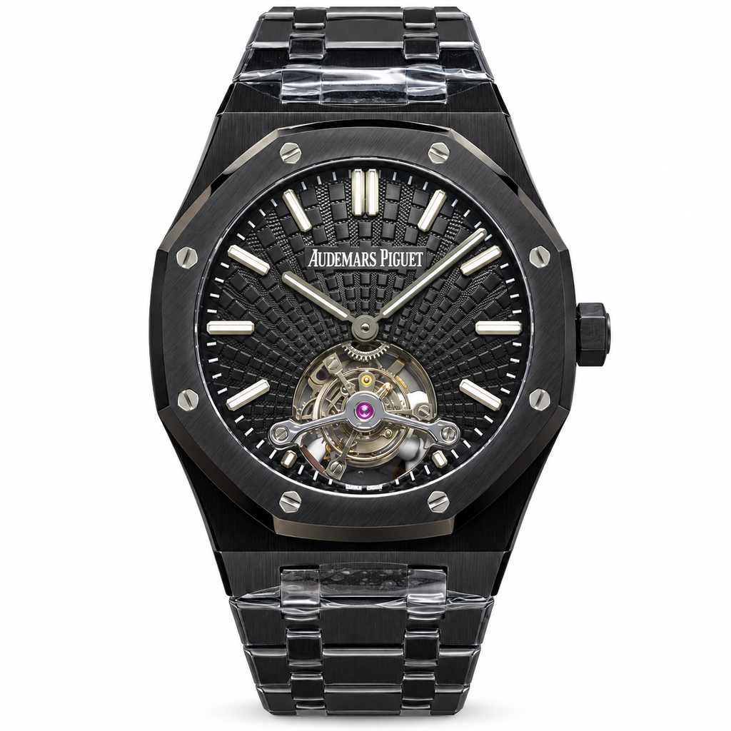 Audemars Piguet Royal Oak Flying Tourbillon 41mm Black Ceramic Openworked Radial Black Dial White Gold Indexes Luminescent Hands Tourbillon 6 OClock Purple Jewel Integrated Ceramic Bracelet Stealth