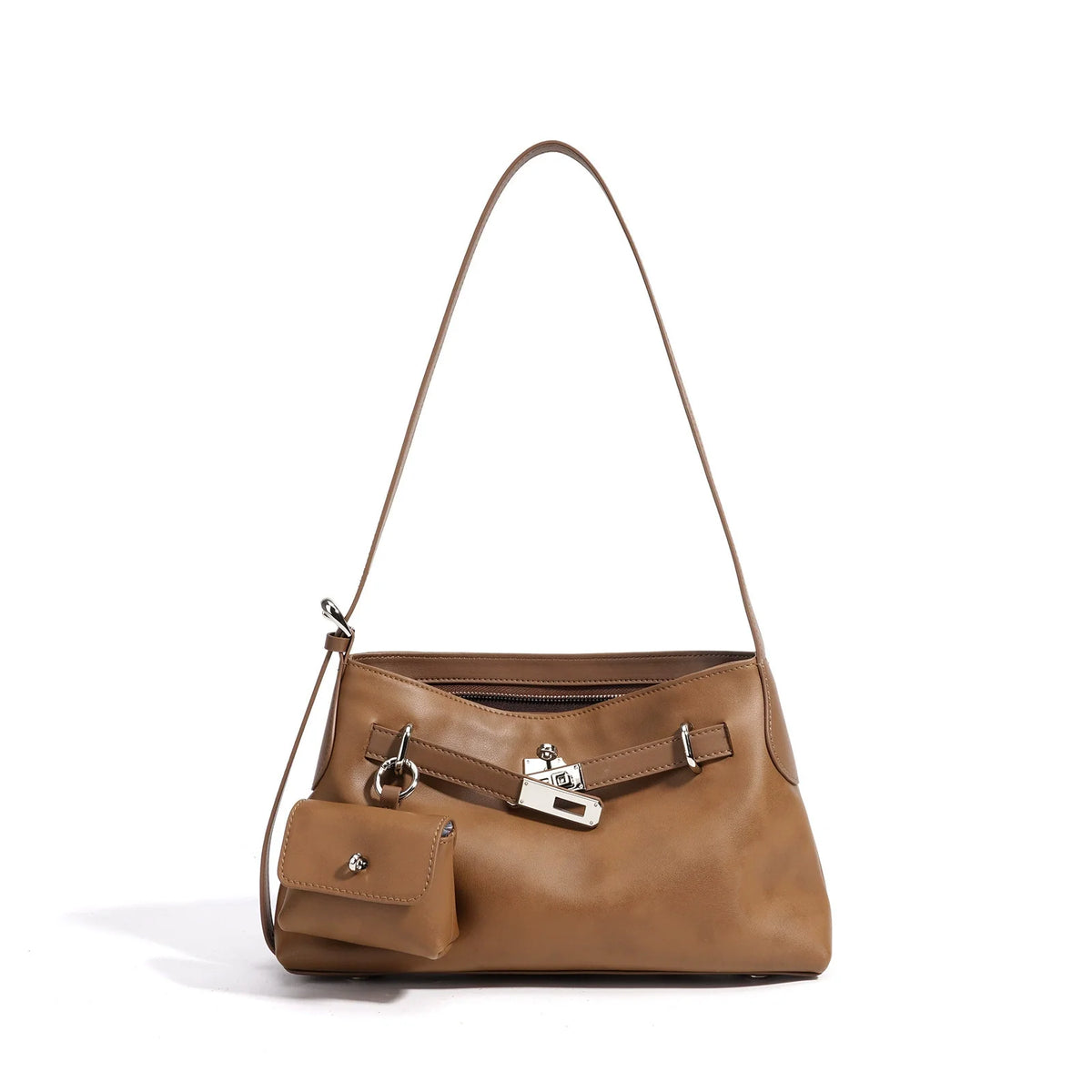 Tan Antiqued Leather Shoulder Bag with Pivot Lock and Mini Coin Pouch