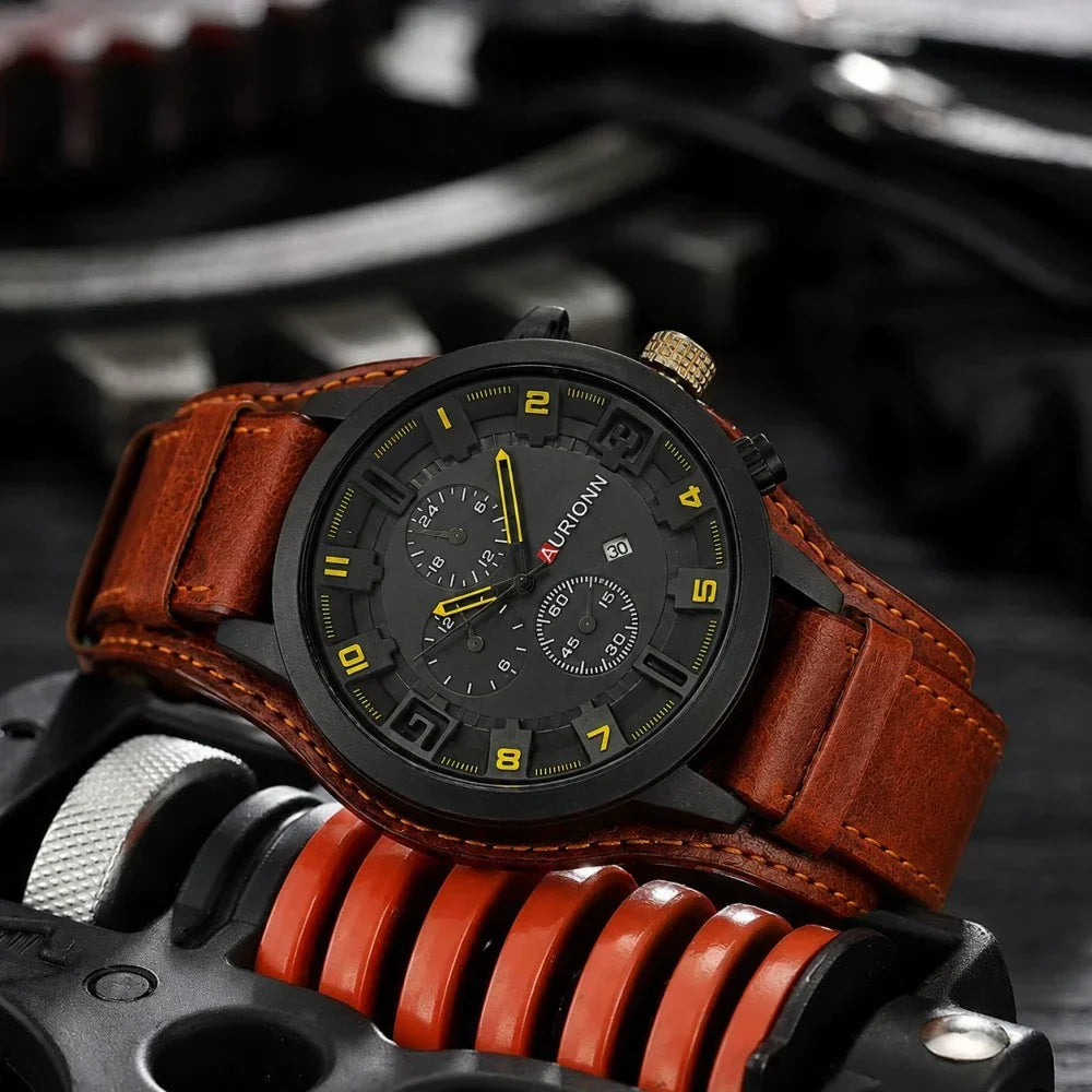 AURIONN Men's Military Chronograph – Grey Dial Wide Leather Strap